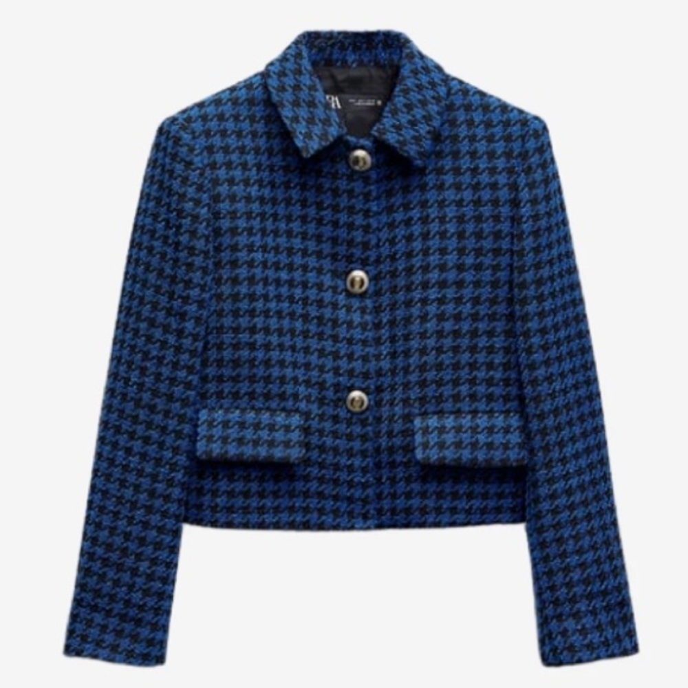 NWT. Zara Blue/Black Houndstooth Textured Blazer. Size S.
